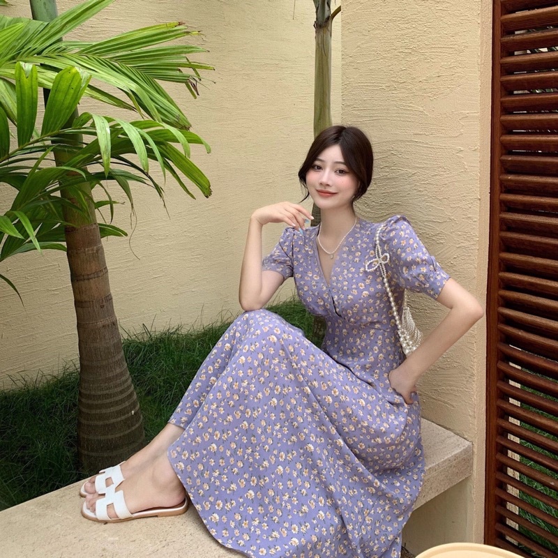 Váy hoa nhí dáng dài vingate màu tím cực hotrend
