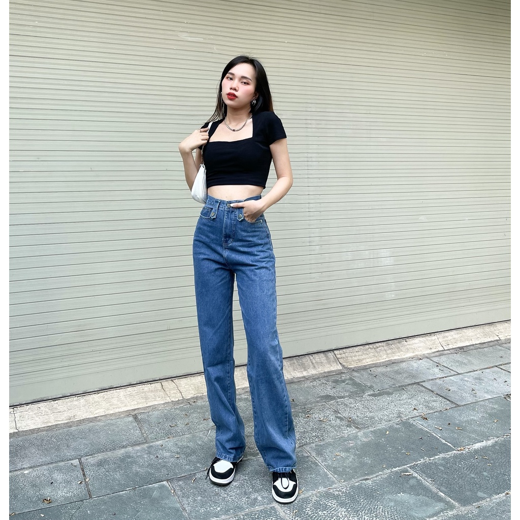 (Mẫu cao 1m64) Quần Jeans Ông Suồng Nữ Cạp Kiêu 2 Màu Xanh Nhạt,Đậm Shop YuRi Jeans