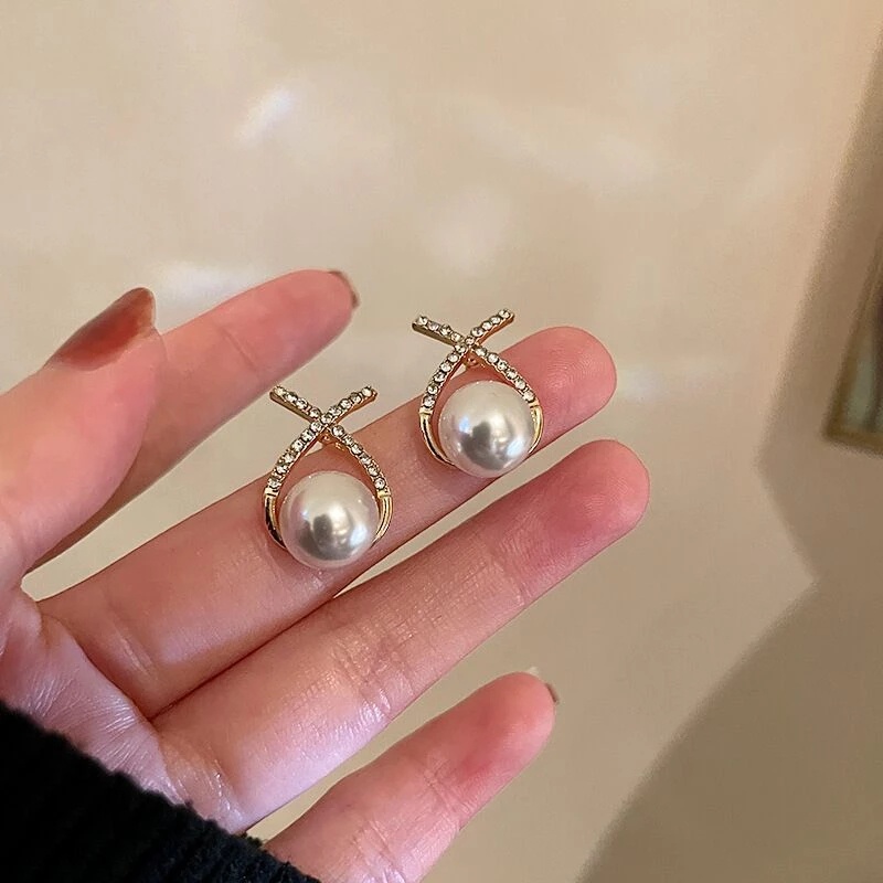 Khuyên Tai Kim Loại Hình Thánh Giá Đính Đá / Ngọc Trai Giả Phong Cách Vintage