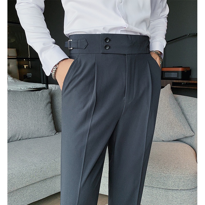 Quần Âu Nam Hai Khuy Cạp Cao Hàn Quốc, Vải Co Dãn Thoải Mái, Dáng Công Sở, Chống Nhăn Xù, Quần Tây Nam