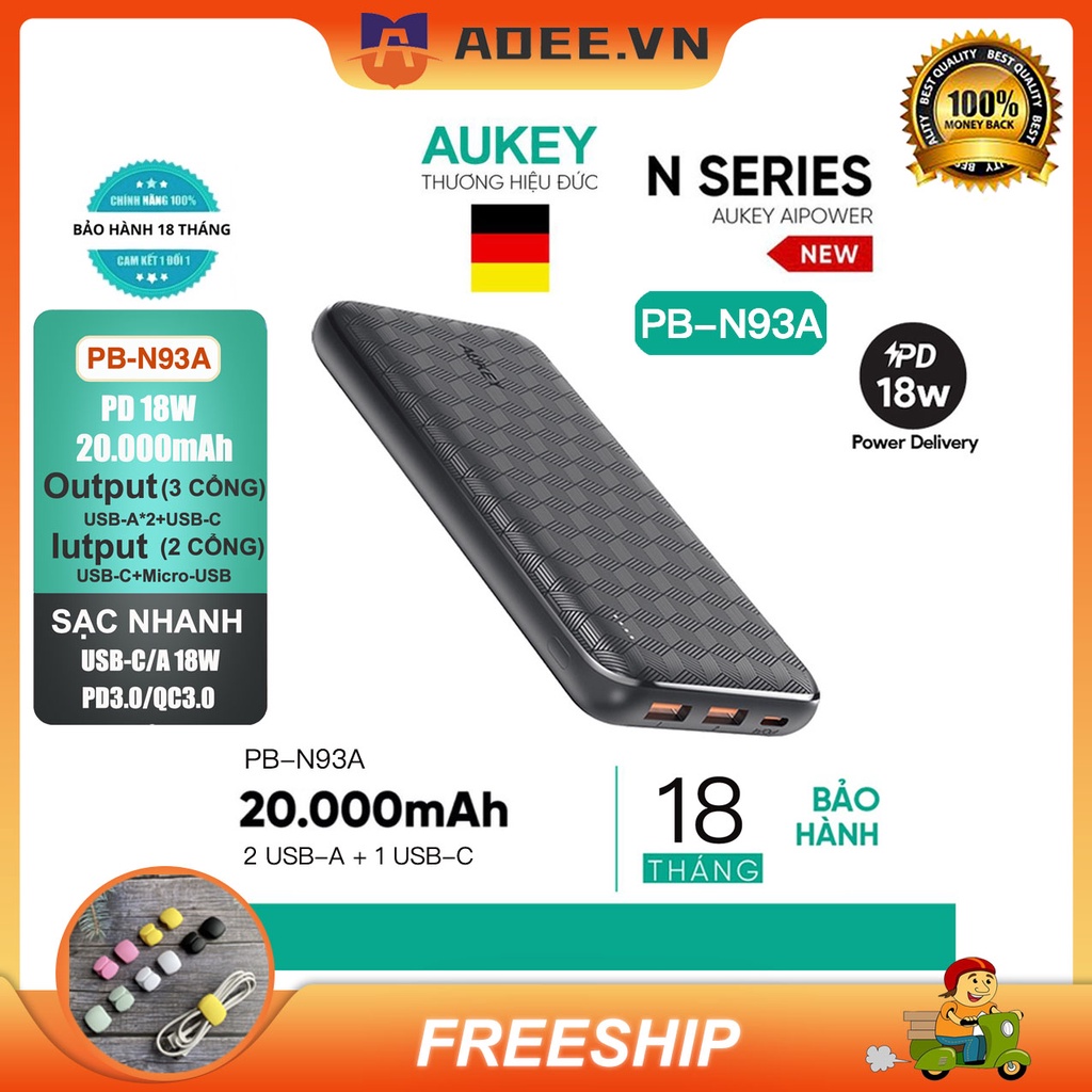 ạc Dự Phòng Aukey PB-N93A 20000mAh /N73S 10000mAh PD 18W 1C+2A,2 Cổng USB-C Sạc Nhanh PD3.0 18W + USB-A QC 3.0 18W