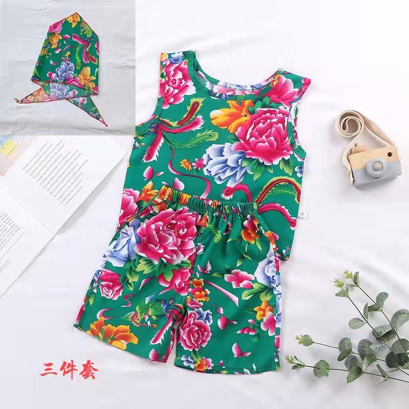 Set Áo Cộc Tay Thắt Nơ Cổ + Quần Short In Hoa Cho Bé Gái