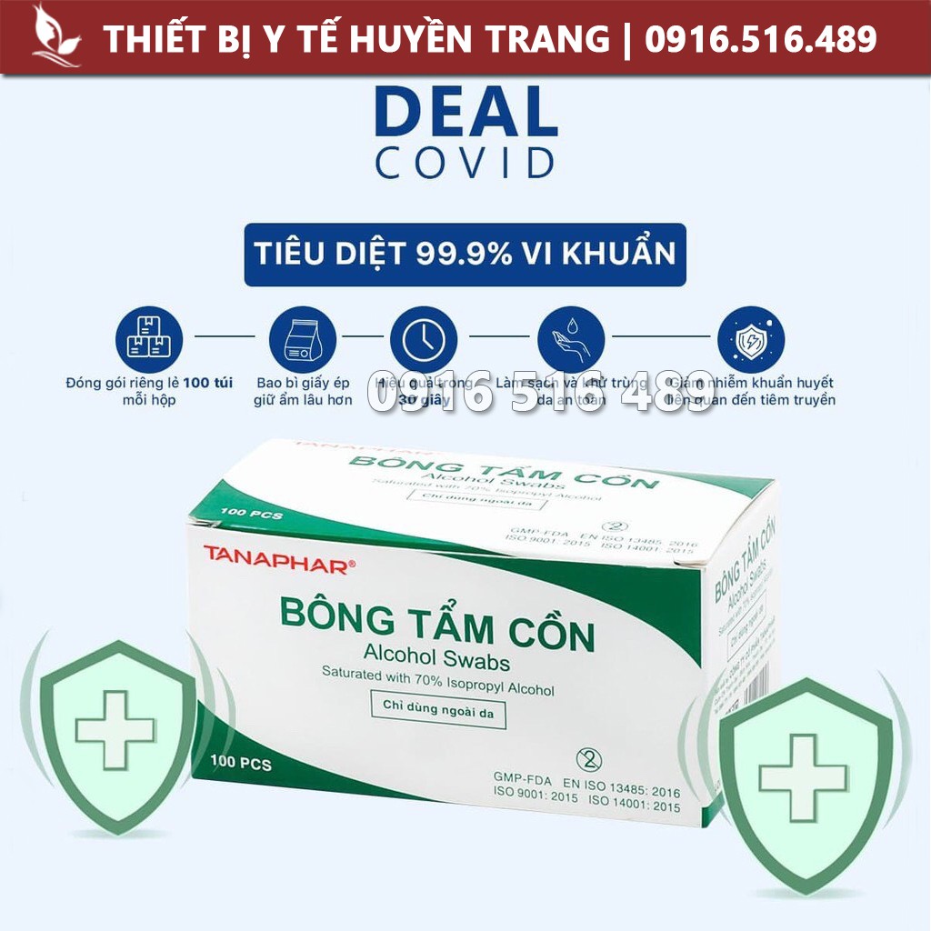 Bông Tẩm Cồn Sát Khuẩn 100 Miếng, Gạc Tẩm Cồn Y Tế Tiệt Trùng Sát Trùng, Cồn Khô Alcohol Pads TANAPHAR / GREETMED