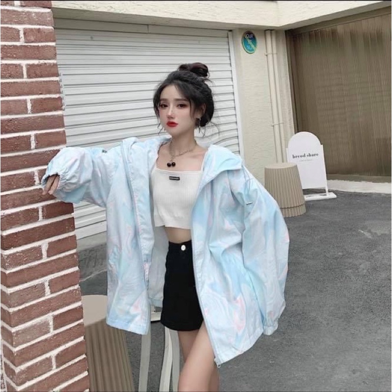 Áo khoác nữ dù loang màu tay dài có nón hai lớp form rộng cao cấp - Order taobao quảng châu