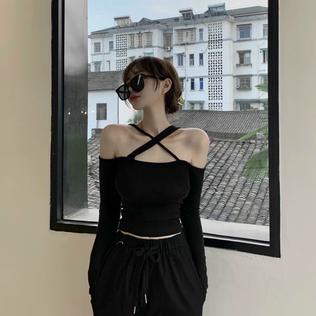 [VIDEO+FREESHIP ] ÁO CROPTOP KIỂU LỬNG NỮ DÀI TAY TRỄ VAI CHÉO NGỰC MÀU TRẮNG ĐEN XANH BƠ TIỂU THƯ CÁ TÍNH NITIQC