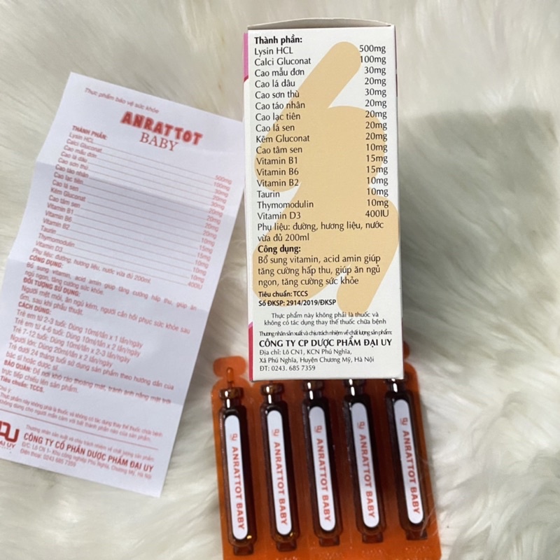 SIRO ăn ngon ngủ tốt ANRATTOT Baby hộp 20 ống - Bổ sung vitamin, acid amin tăng cường hấp thu, ăn ngủ ngon