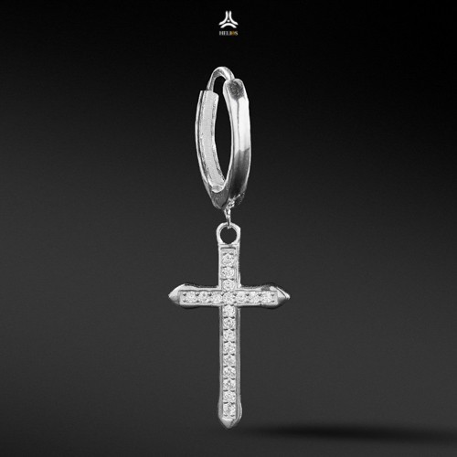 Khuyên tai bạc nam, nữ HeliSilver Cross Diamond đá trắng S925 KTB176