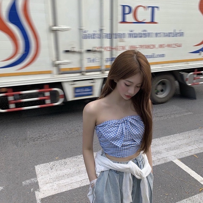 [AdorablexBeautiful] Áo Ống Caro Nơ Xanh Freesize , Áo Tube Caro Nhỏ Hở Vai Phong Cách Dễ Thương Ulzzang Hàn Quốc