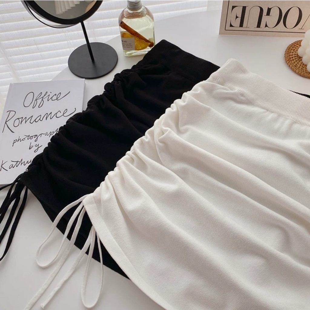 Chân Váy Rút Dây Dáng Chữ A Váy Ngắn Trắng Đen Chất Liệu Thun Cotton Trơn Co Gian Dưới 53kg