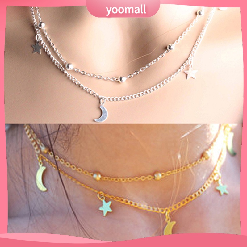 Dây Chuyền Bằng Hợp Kim Nhiều Tầng Hình Mặt Trăng Và Ngôi Sao Phong Cách Cổ Điển