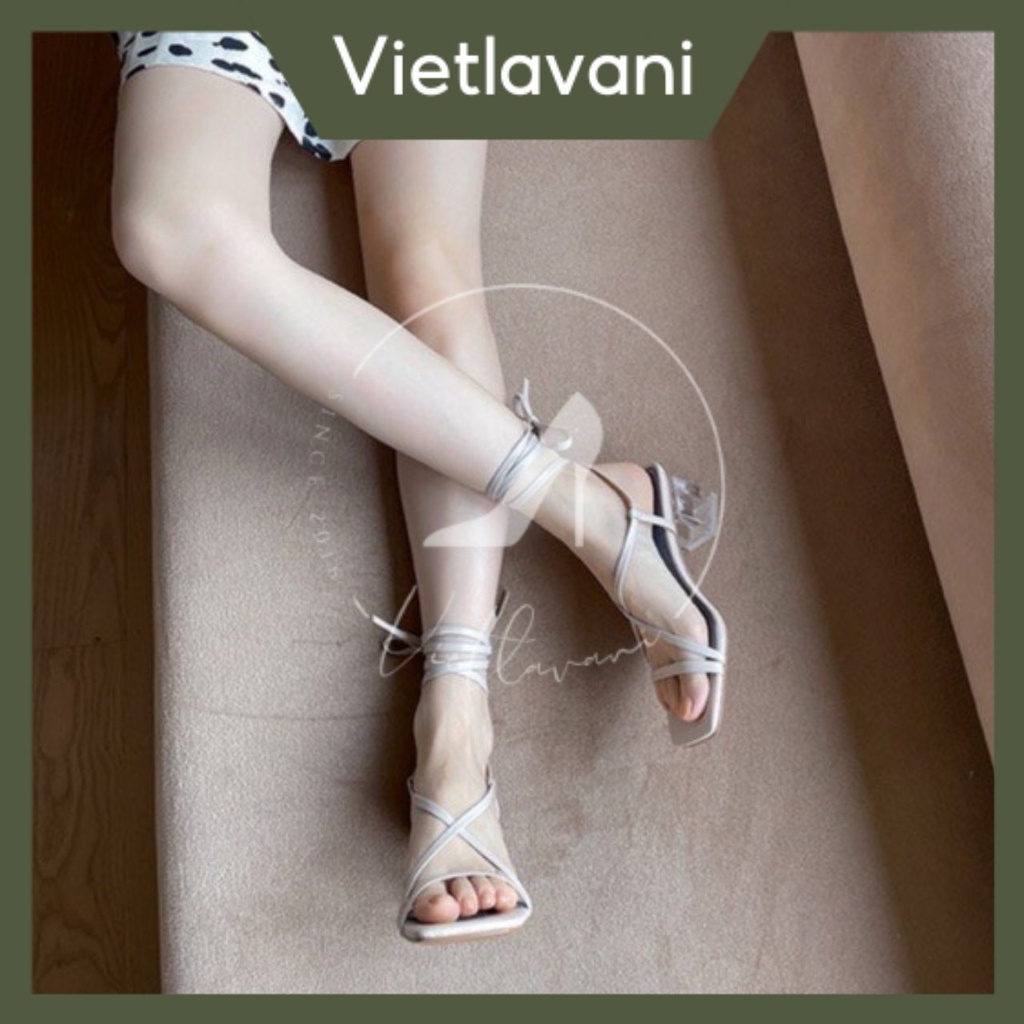 Giày sandal nữ TTS51 gót trong 7cm quai đan mũi hở 2 màu trắng đen trend 2022