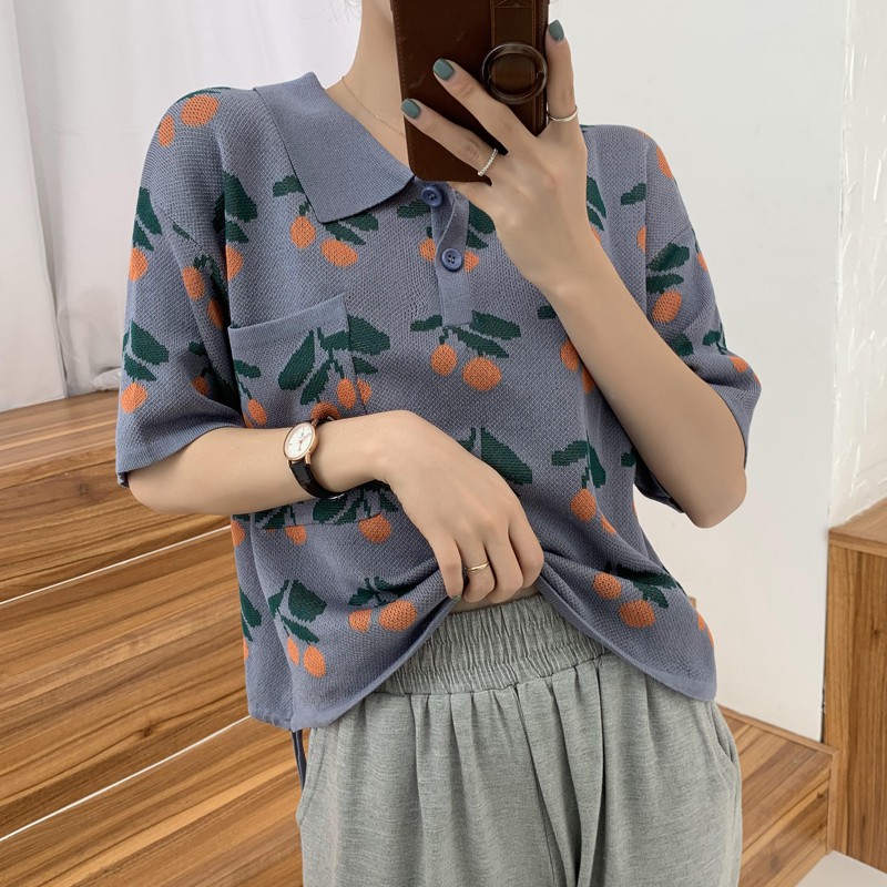 Áo kiểu len cổ polo TIENKHISHOP rút dây eo hình hoa tay ngắn mùa thu tay lỡ A113