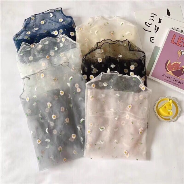 Vải voan lưới thêu cúc lá may cột tóc scrunchies