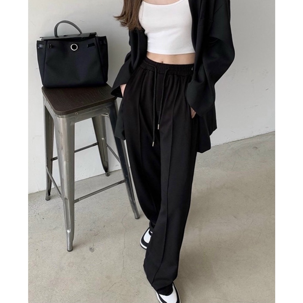 Quần nỉ nam nữ unisex form rộng ống rộng ly trơn 2 màu: đen, xám Quần nỉ nữ ống xuông gấp ly ulzzang Freeship Sale