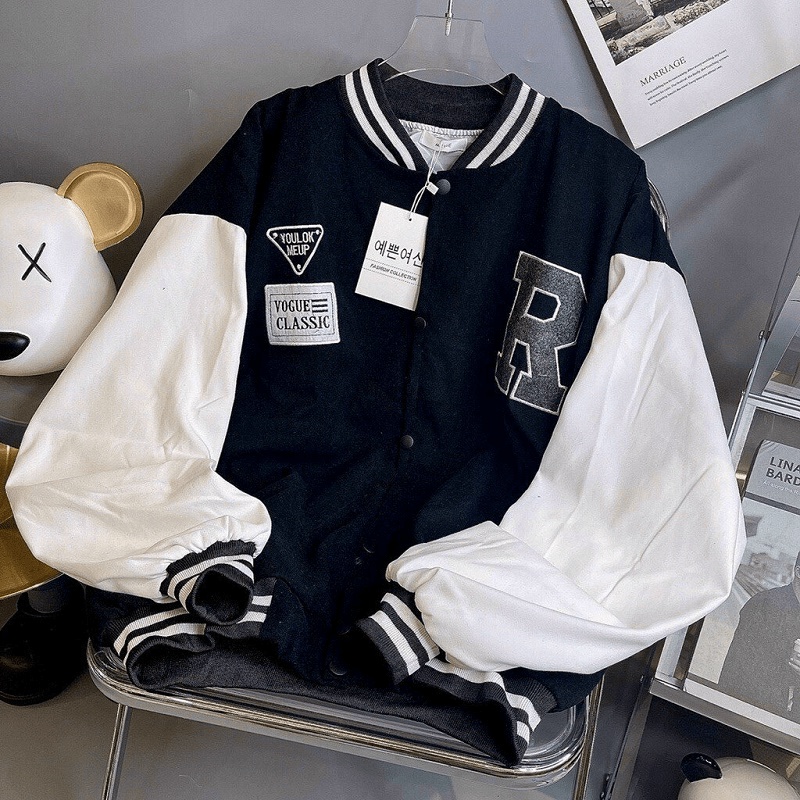 Áo Khoac Bomber Cúc Bấm Logo Chữ R [ HÌNH THẬT SẢN PHẨM ]