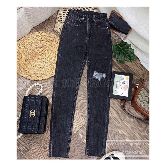 Jeans dài lưng cao co giãn rách 1 bên ô HOT