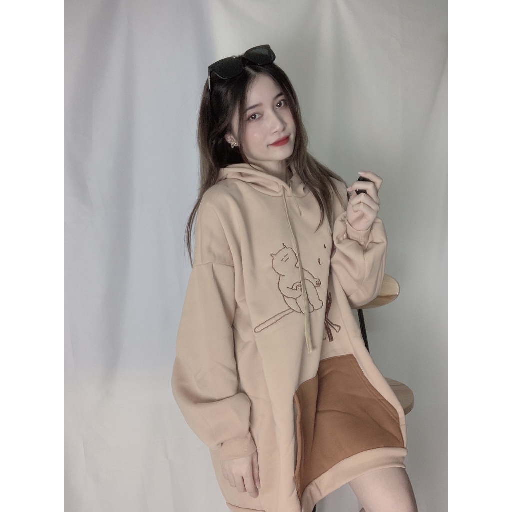 [Có BIG SIZE ] Váy hoodie nữ con gấu tay phồng có túi trước bụng phong cách hàn quốc HD63- Liti shop