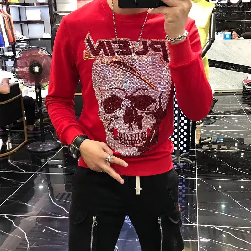 Áo Thun Tay Dài Cổ Tròn In Hình Đầu Lâu Đính Đá Phong Cách Châu Âu Thời Trang Xuân Thu Mới Cho Nam