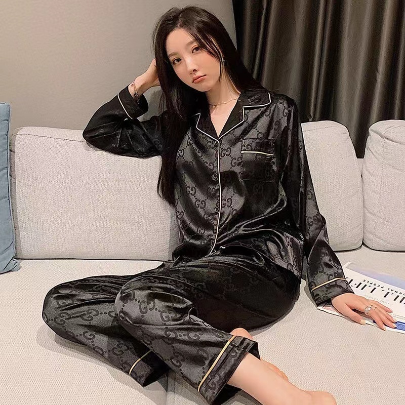 Bộ Đồ Ngủ Lụa Satin Tay Dài In Họa Tiết Caro / Kẻ Ô Thời Trang Hàn Quốc Cho Nữ