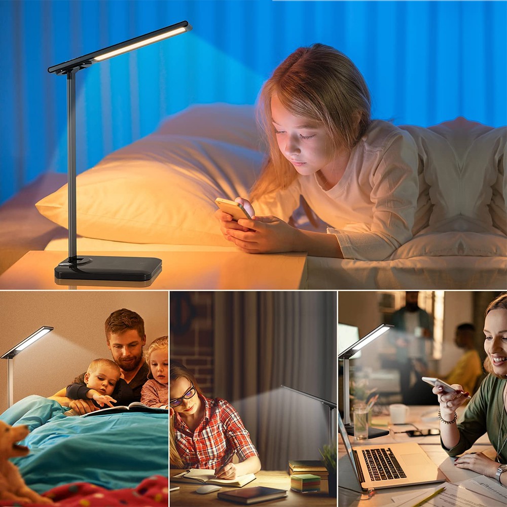 Đèn học để bàn Led Có sạc điện thoại không dây Qi 10W, 3 Chế độ sáng, Cổng sạc USB 5V