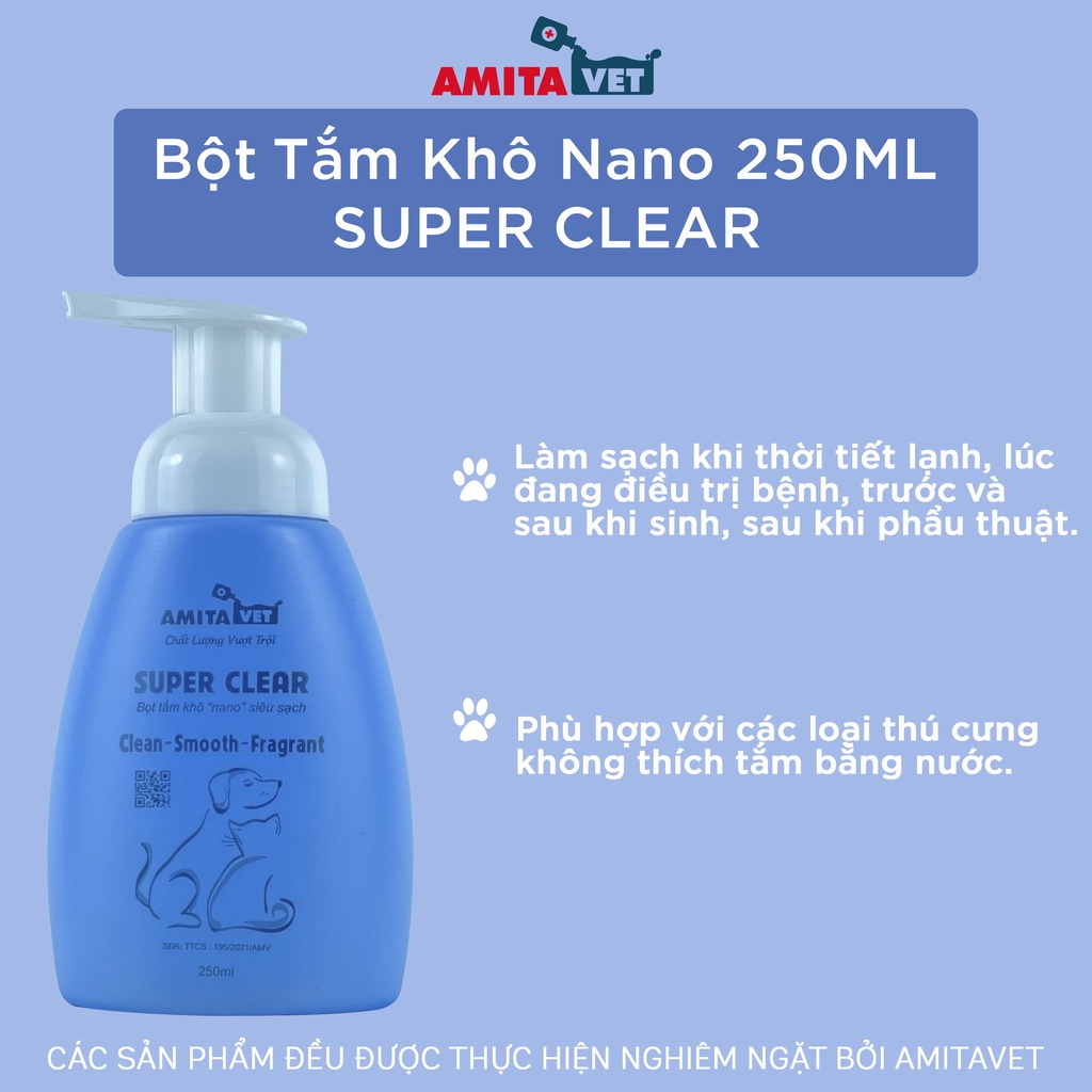 Sữa tắm khô cho chó mèo Super Clear Amitavet giúp dưỡng lông khử mùi làm sạch cơ thể thú cưng chai 250ml