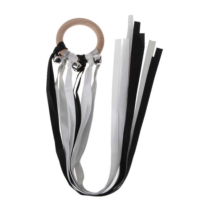 Vòng gỗ lục lạc tự nhiên với ruy băng cầu vồng đồ chơi ngậm nướu kiểu Montessori quà tặng cho bé sơ sinh