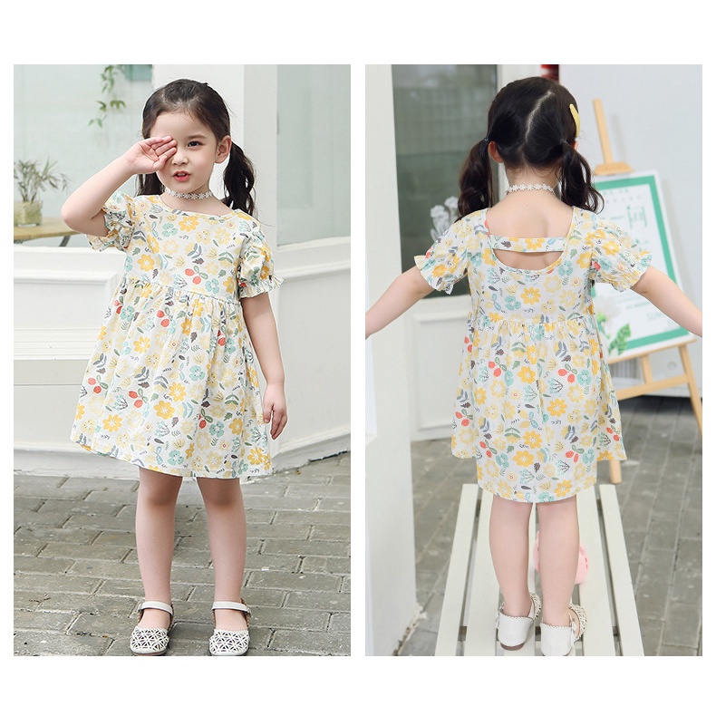 Váy công chúa phong cách Hàn Quốc dáng chữ A hoạ tiết cute, đầm tay bồng in hoa