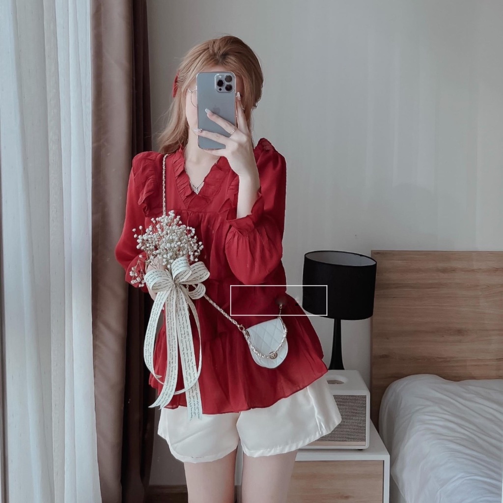 [Mã FAMARAL2 giảm 10K đơn 50K] Set áo babydoll xanh tầng cổ viền bèo phối quần short trắng lưng thun