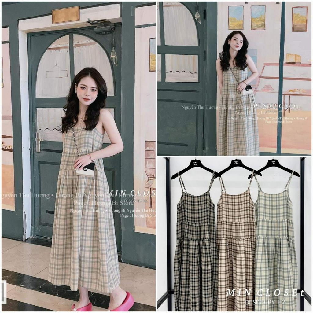 Váy 2 dây 3 tầng kẻ caro 3 màu chất thô đũi, đầm babydol 2 dây điều chỉnh kiểu tiểu thư