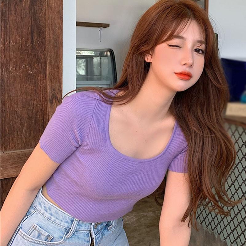 Áo Croptop Dệt Kim Tay Ngắn Cổ Vuông Màu Trơn Phong Cách Hàn Quốc Thời Trang Dễ Thương