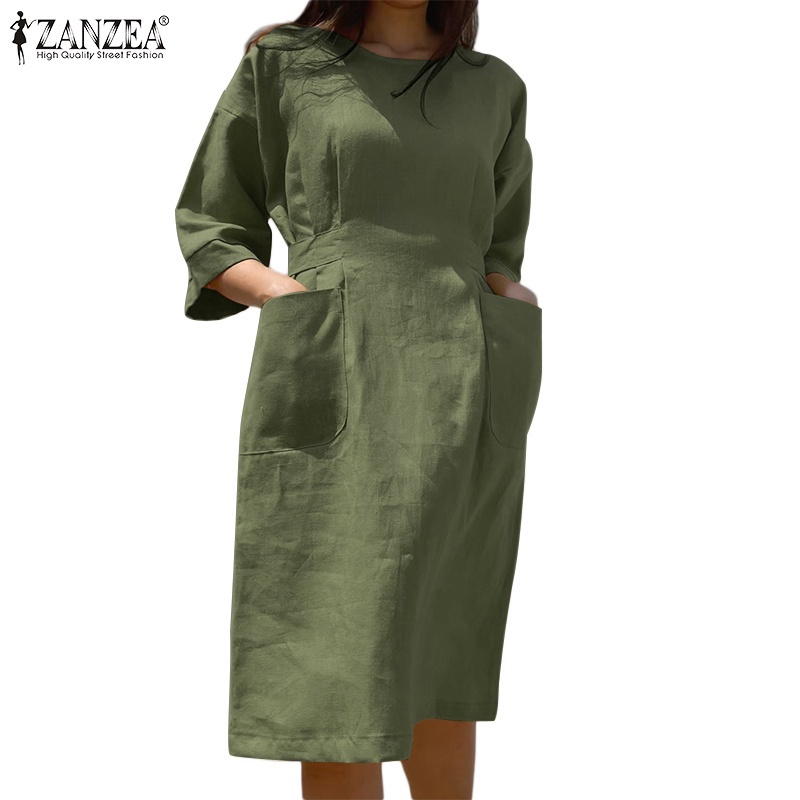 Đầm ZANZEA dáng rộng tay lỡ eo cao phối dây buộc và túi bên hông thời trang cho nữ