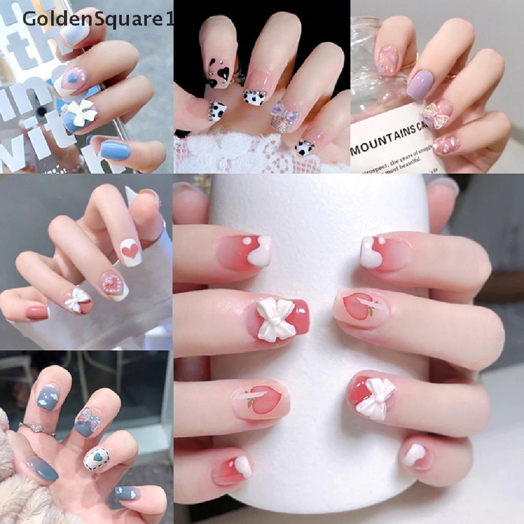 [Goldsquare11] Miếng Dán Móng Tay Giả Đính Kim Cương Giả Ngắn Kiểu Pháp