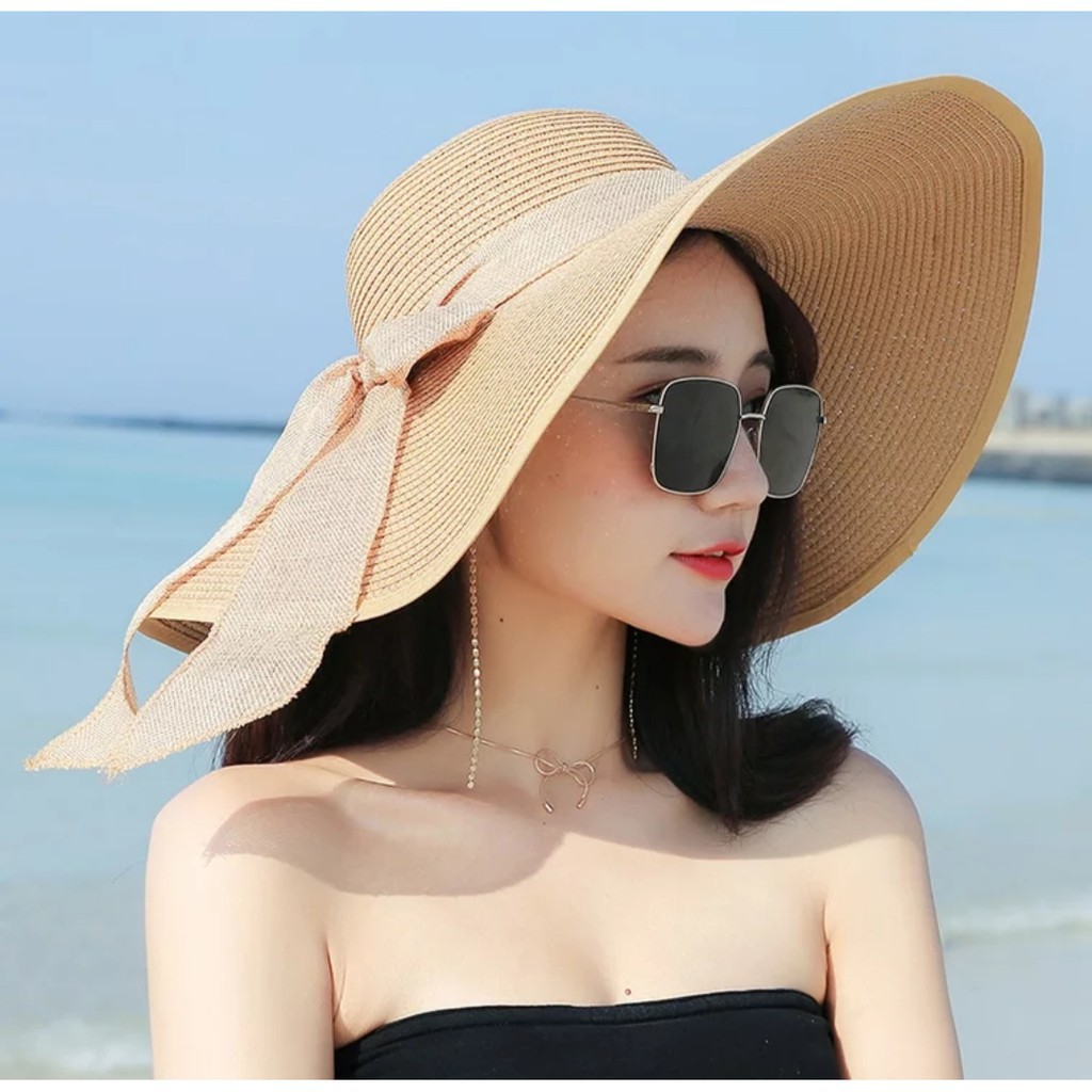Nón Cói, Mũ Cói Đi Biển Cho Nữ, Chất Liệu Mũ Cói Mềm Phối Nơ Đẹp (Hình Chụp Thật) - Q12 - Vành To Nơ Dài