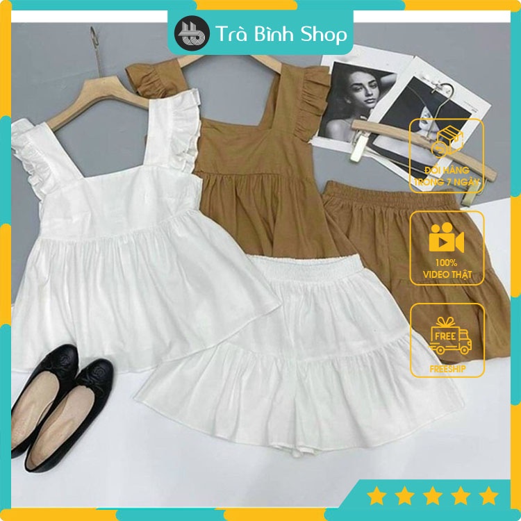 Set Áo Đũi Tay Cánh Tiên Cổ Vuông Kèm Quần Sooc Cạp Chun Đuôi Cá Siêu Mát
