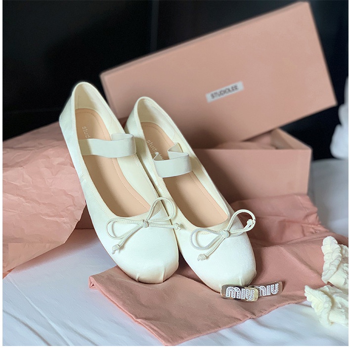 Giày Múa Ba Lê Đế Bằng Miệng Nông Đính Nơ Kiểu Retro Pháp Dễ Thương