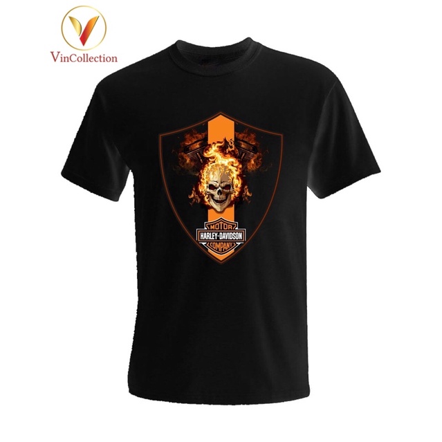 Áo Thun Nam Cổ Tròn VINCOLLECTION Áo Thun - Biker T-Shirt Đen in HARLEY DAVIDSON DEATH'S HEAD FIRE - MOTOR T-SHIR