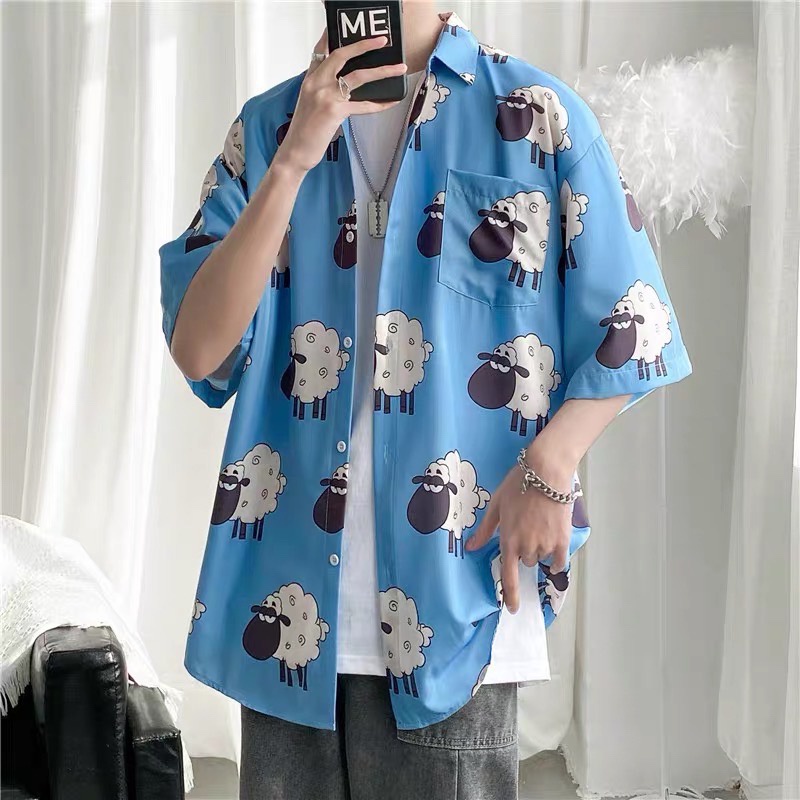 Áo sơ mi tay ngắn nam nữ chất lụa hoạ tiết hoạt hình phong cách ulzzang Hàn Quốc SIB083