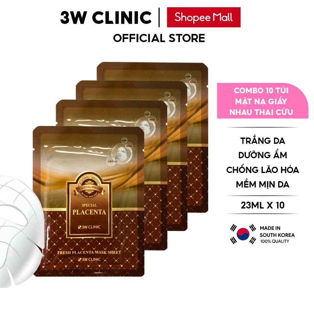 Combo 10 Túi Mặt nạ giấy dưỡng trắng da chống lão hóa tinh chất Nhau Thai Cừu 3W Clinic Hàn Quốc 23mlx10