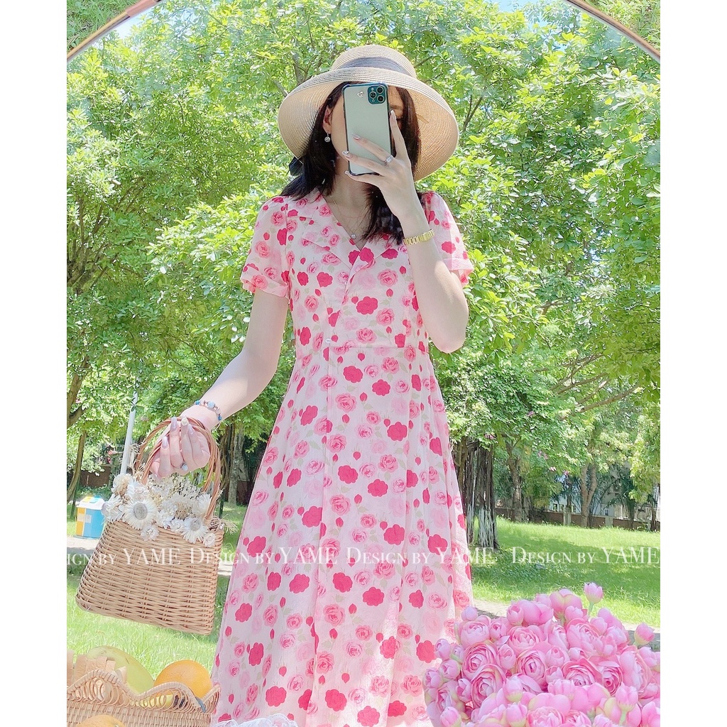 Váy hoa hồng cổ vest pink 2 lớp đi chơi đi du lịch YAME