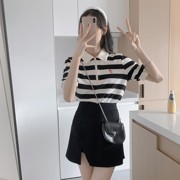 Áo thun polo SUXI tay ngắn dáng rộng họa tiết kẻ sọc đen trắng phong cách vintage thời trang dành cho nữ
