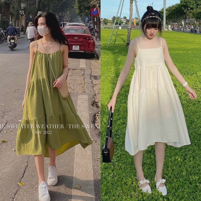 ĐẦM 2 DÂY BABYDOLL KEM (về thêm trắng, đen, xanh)