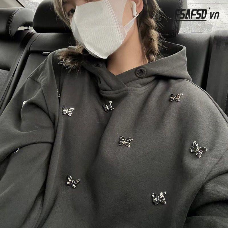 Áo Khoác Hoodie Vải Cotton Đính Hạt Và Bướm Kiểu Mỹ Đường Phố Thời Trang Mùa Thu 2022 Cho Nữ