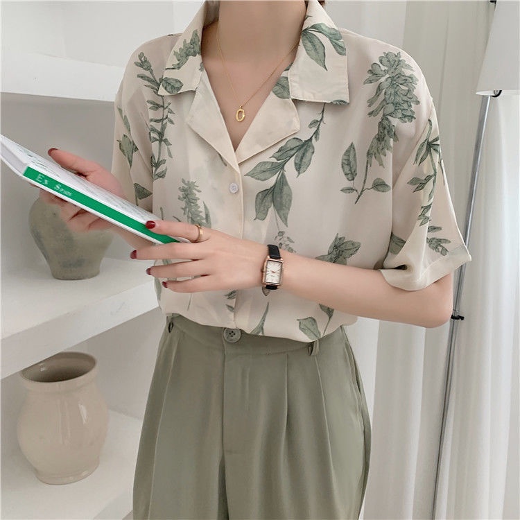 Áo Sơ Mi Chiffon Tay Ngắn Dáng Rộng In Họa Tiết Tranh Sơn Dầu Kiểu Hồng Kông Mới Cho Nữ