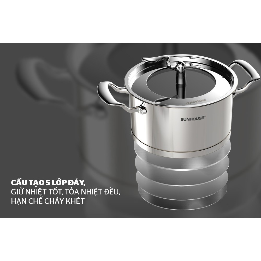 NỒI INOX CAO CẤP 5 ĐÁY SUNHOUSE SHG2516/2520/2524MSA size 16/20/24cm