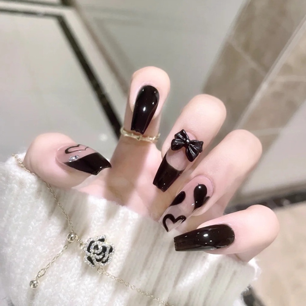 Bộ 24 Móng Tay Giả Màu Đen Đính Nơ Trang Trí