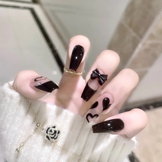 YADORNOS Set 24 móng tay giả YADORNOS màu đen đính nơ trang trí