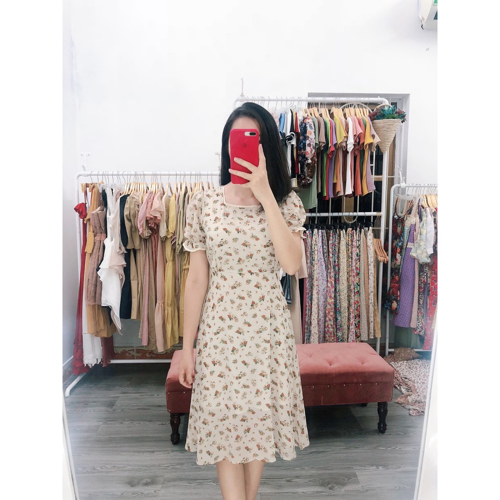 Váy hoa nhí cổ vuông tay lỡ mix ren -  style Hàn Quốc (kèm ẢNH THẬT mẫu mặc shop tự chụp ) đẹp