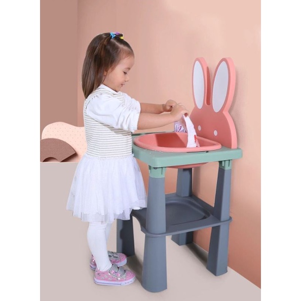 Thau bồn chậu đánh răng rửa mặt mini cho bé hình thỏ bằng nhựa đẹp có van, ống xả nước Lavabo rửa mặt cho bé