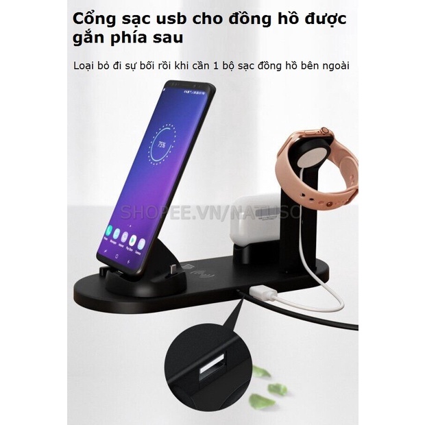 Đế Sạc Không Dây 3 Trong 1 Natuso Sạc Nhanh Cổng Ip Android Type-C Cho Điện Thoại Tai Nghe Bluetooth Smart Watch
