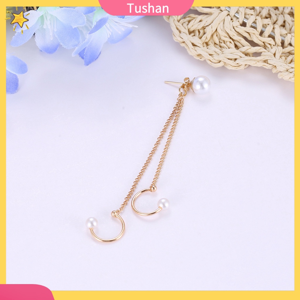 Bông tai ngọc trai phối khuyên kẹp vành tai kèm sợi xích cá tính thời trang cho nữ